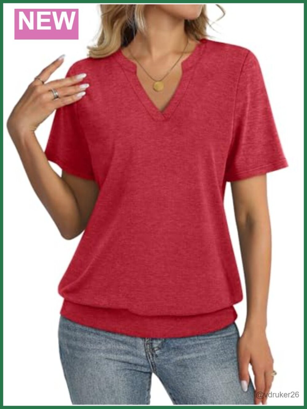 Womens Short Sleeve V Neck Banded Bottom Summer T Shirt Top